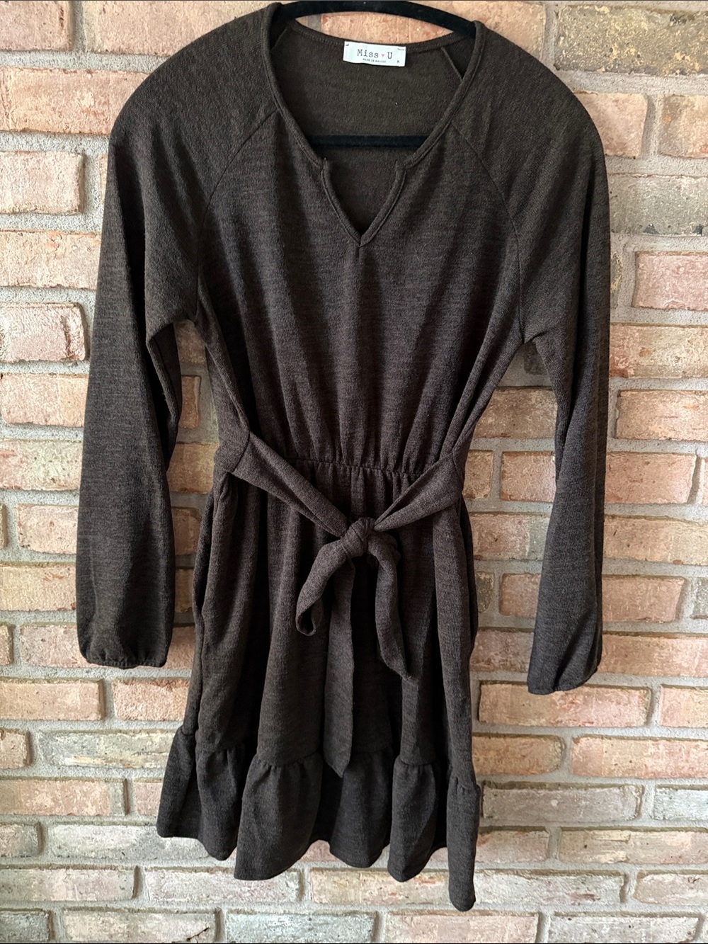 Brown Long-Sleeve Tie-Waist Dress